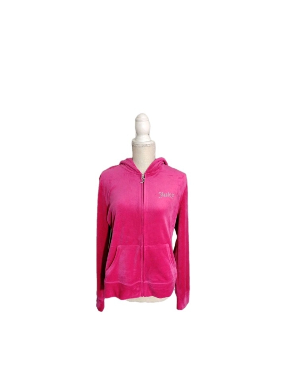 Juicy Couture Velour Hoodie Women L Pink Full Zip Up Rhinestone Logo Y2K